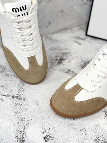 RETRO SNEAKERS IN WHITE LAMBSKIN MIX PEANUT SUEDE