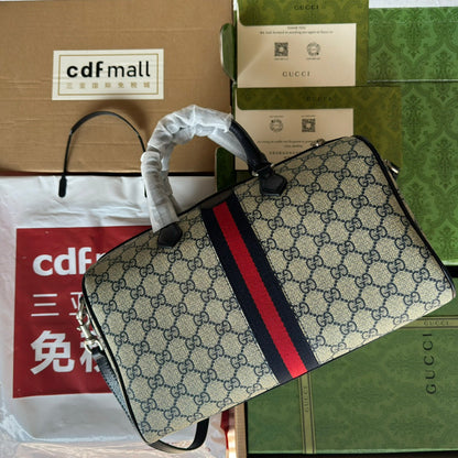 OPHIDIA LARGE BOSTON BAG 31 IN BEIGE AND BLUE GG CALFSKIN