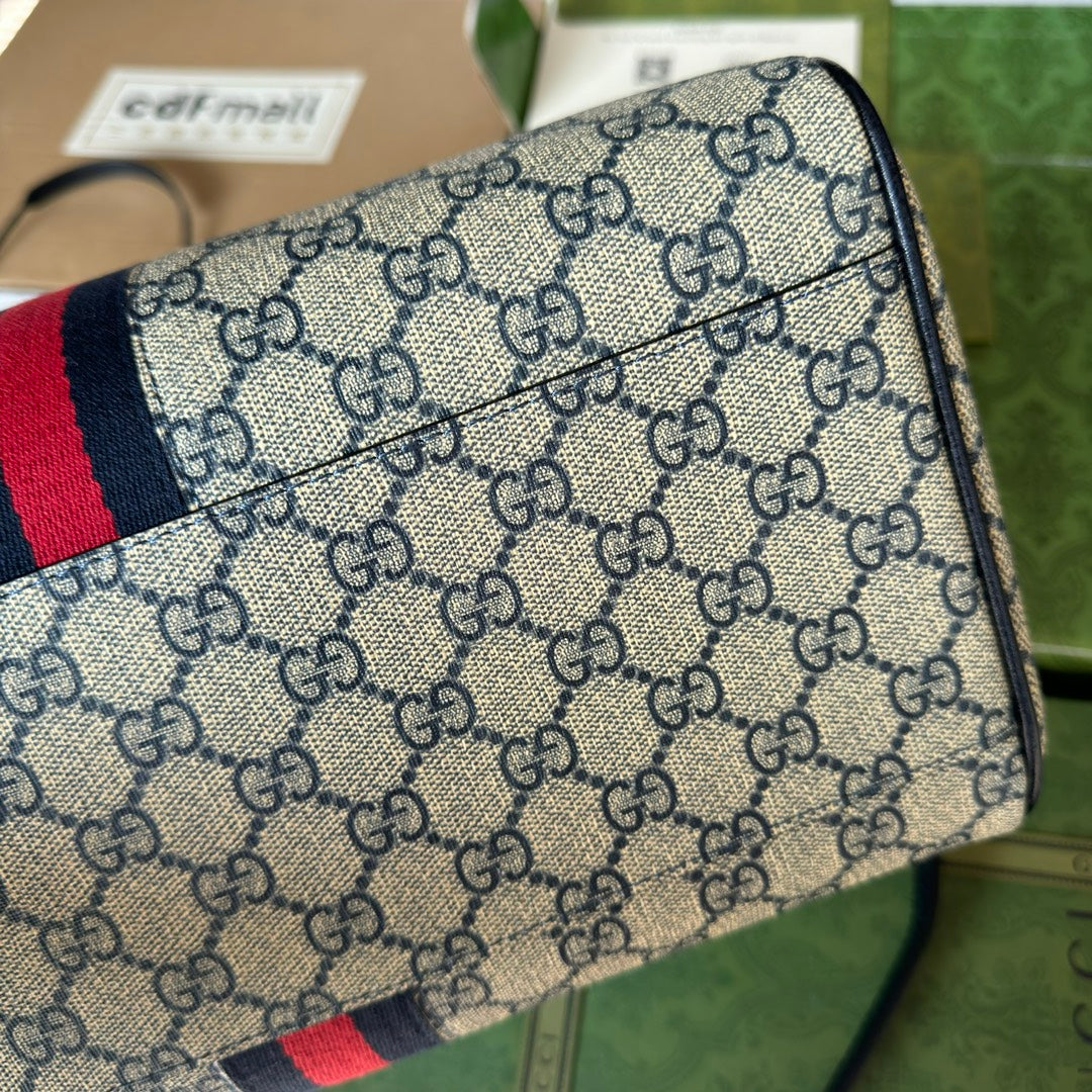 OPHIDIA LARGE BOSTON BAG 31 IN BEIGE AND BLUE GG CALFSKIN