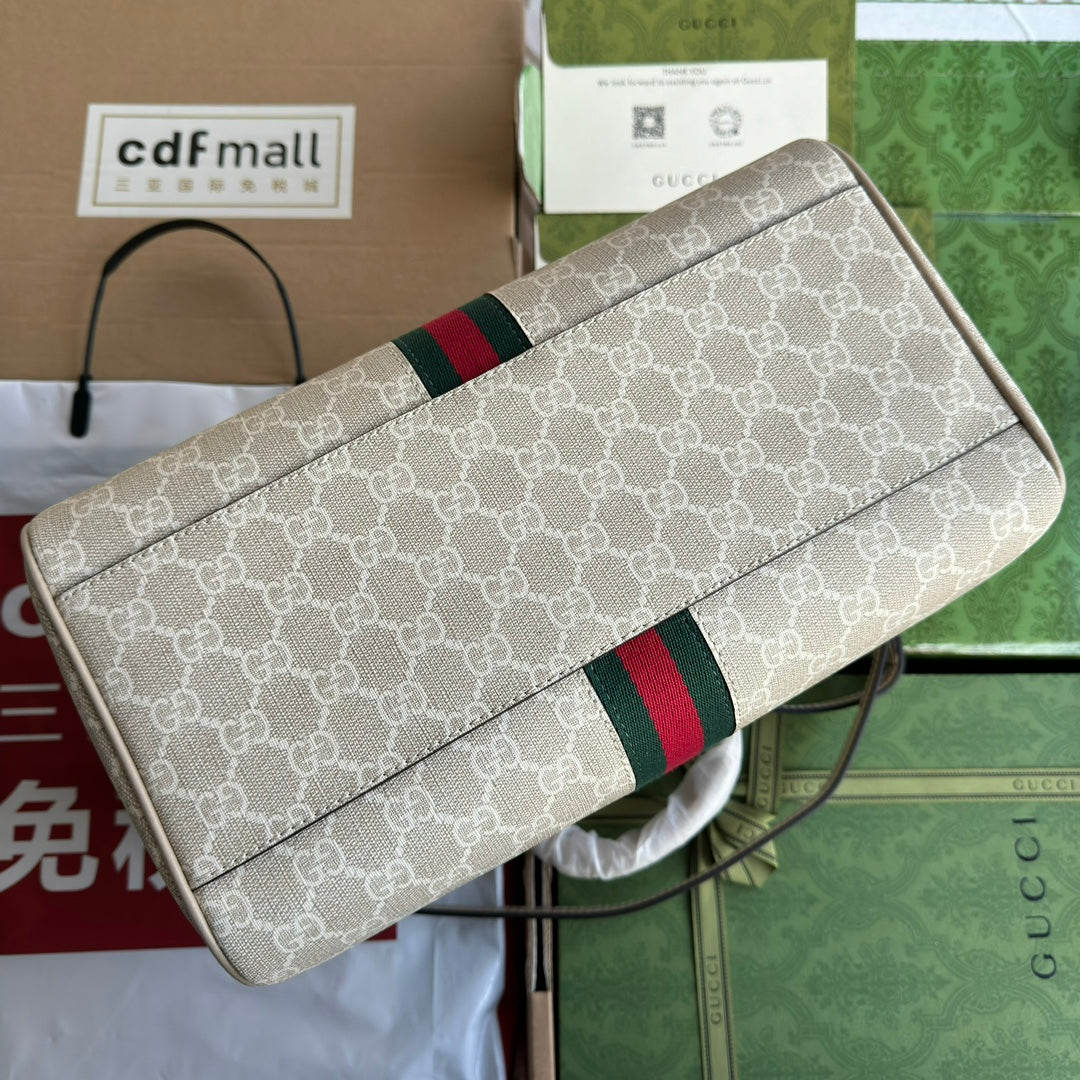 OPHIDIA MEDIUM TOP HANDLE BAG 31 IN BEIGE WHITE CANVAS AND OAT CALFSKIN TRIM GOLD HARDWARE