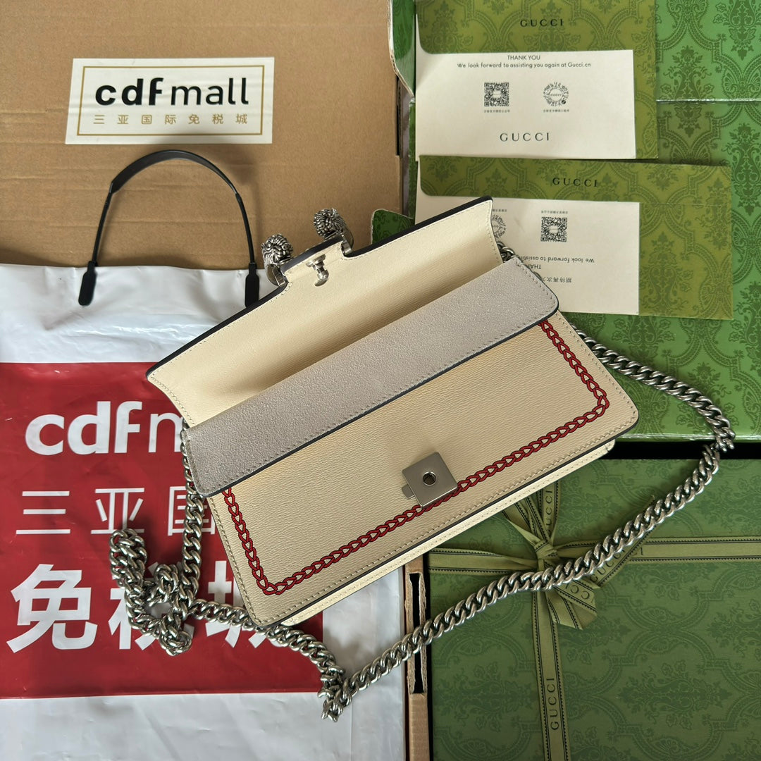 DYONYSUS SMALL SHOULDER BAG 25 IN BEIGE MIX RED CALFSKIN DRAGON LOGO PRINT