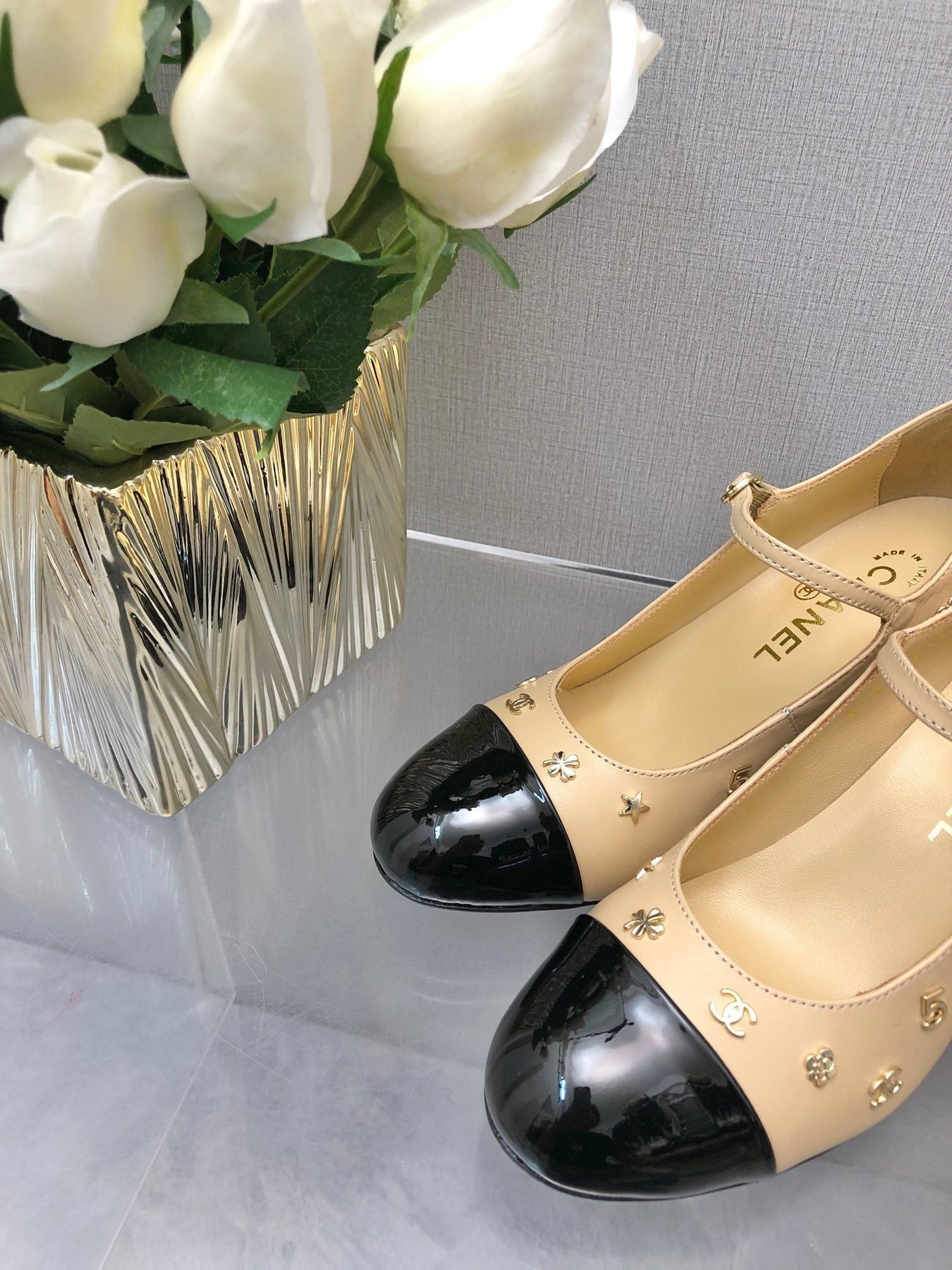 MARY JANE BEIGE CREAM MIX BLACK LAMBSKIN ATTACH METAL