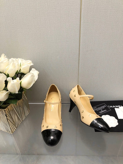 MARY JANE BEIGE CREAM MIX BLACK LAMBSKIN ATTACH METAL