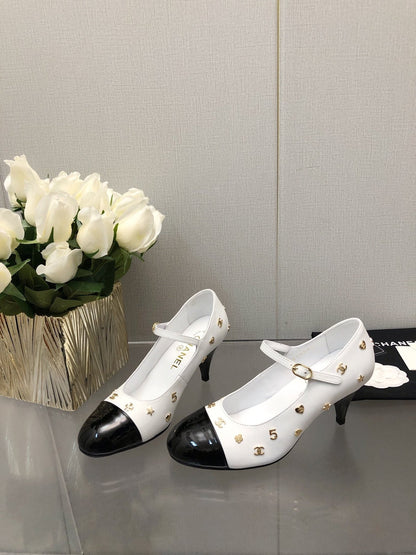 MARY JANE WHITE MIX BLACK LAMBSKIN ATTACH METAL