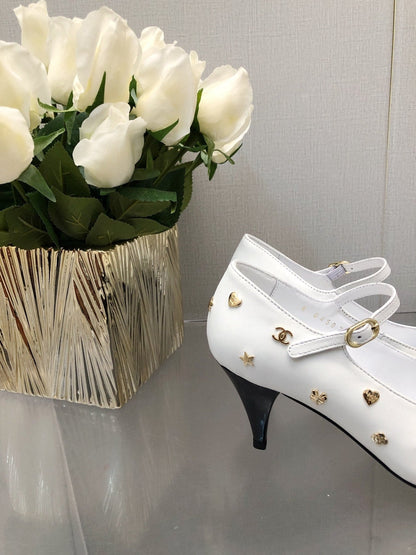 MARY JANE WHITE MIX BLACK LAMBSKIN ATTACH METAL