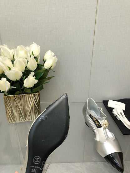 CAMELLIA CAP JANE SANDALS IN SILVER MIX BLACK LAMBSKIN