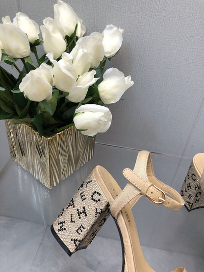 BLOCK HEEL WITH CRYSTAL 9 CM SANDAL IN SAND BROWN FABRIC