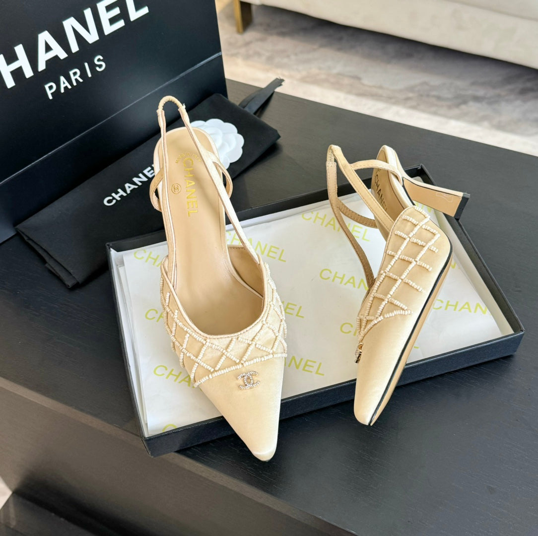 POINTED SLINGBACK MID HEELS BEIGE CREAM LAMBSKIN