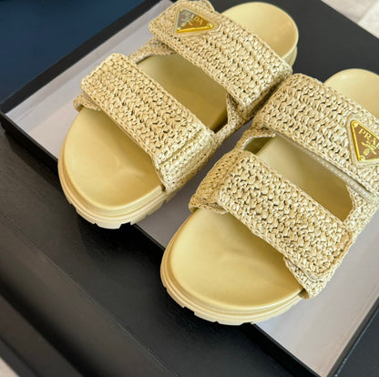 PRA RAFFIA CORK SLIDE PASTEL YELLOW CALFSKIN