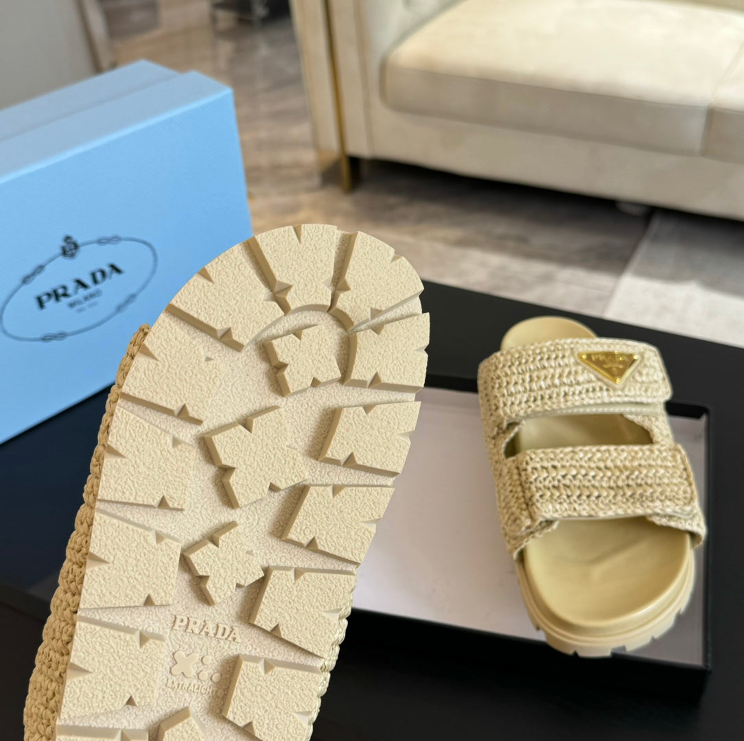 PRA RAFFIA CORK SLIDE PASTEL YELLOW CALFSKIN