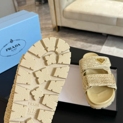 PRA RAFFIA CORK SLIDE PASTEL YELLOW CALFSKIN