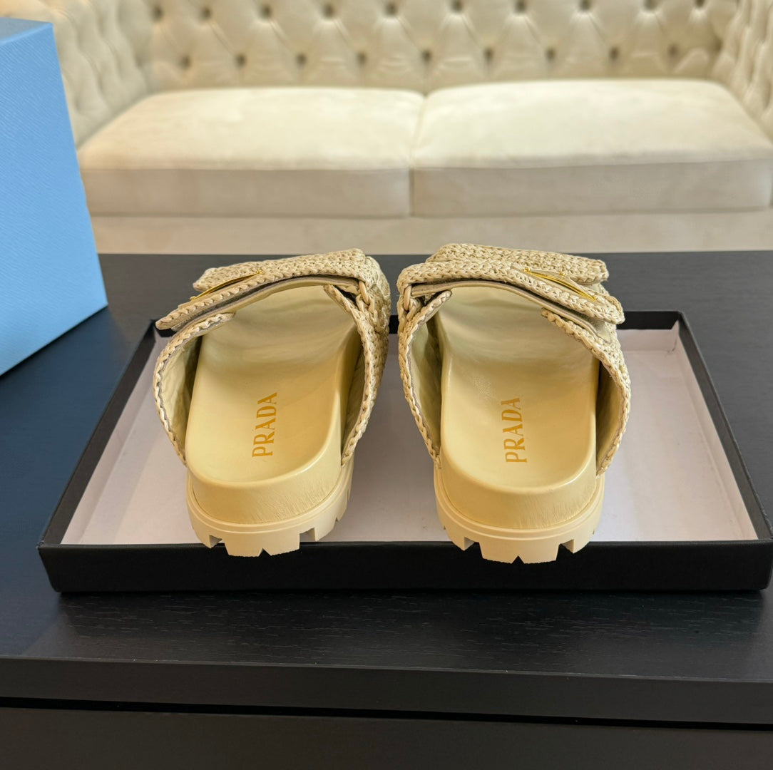 PRA RAFFIA CORK SLIDE PASTEL YELLOW CALFSKIN