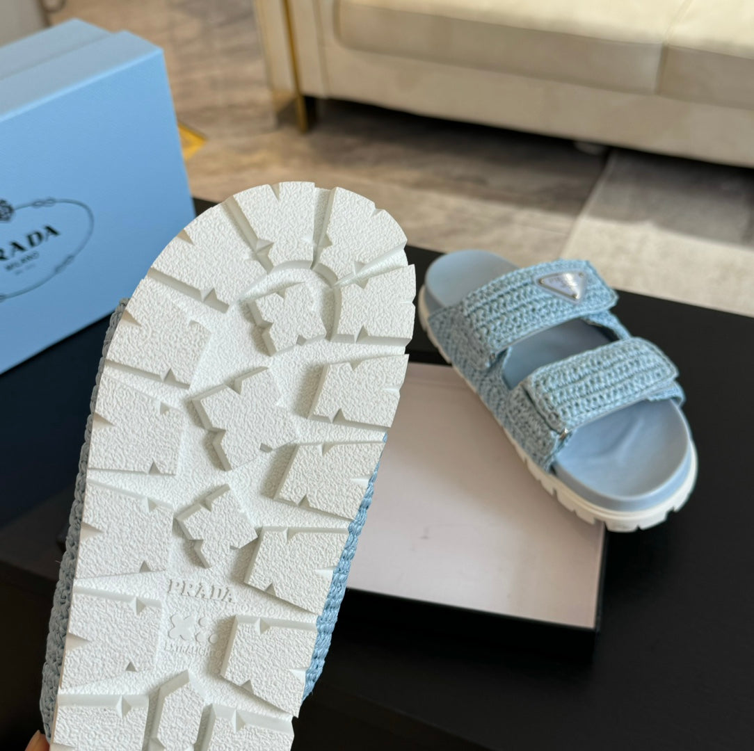 PRA RAFFIA CORK SLIDE SKY CALFSKIN