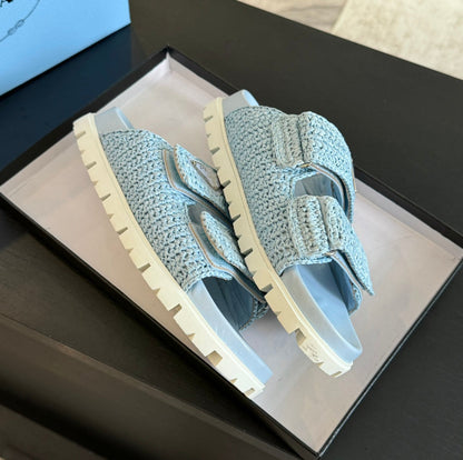 PRA RAFFIA CORK SLIDE SKY CALFSKIN