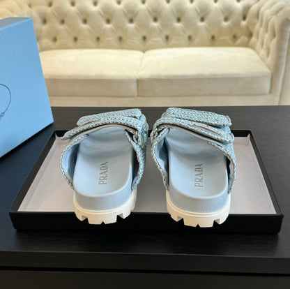 PRA RAFFIA CORK SLIDE SKY CALFSKIN