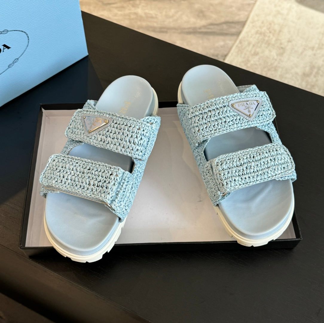 PRA RAFFIA CORK SLIDE SKY CALFSKIN