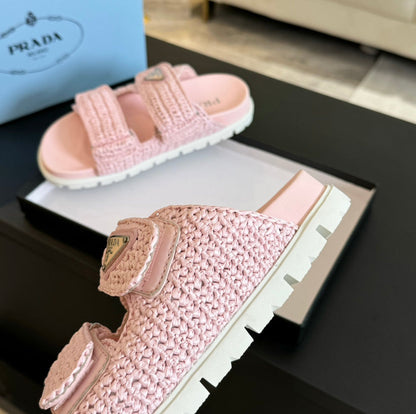 PRA RAFFIA CORK SLIDE LIGHT PINK CALFSKIN