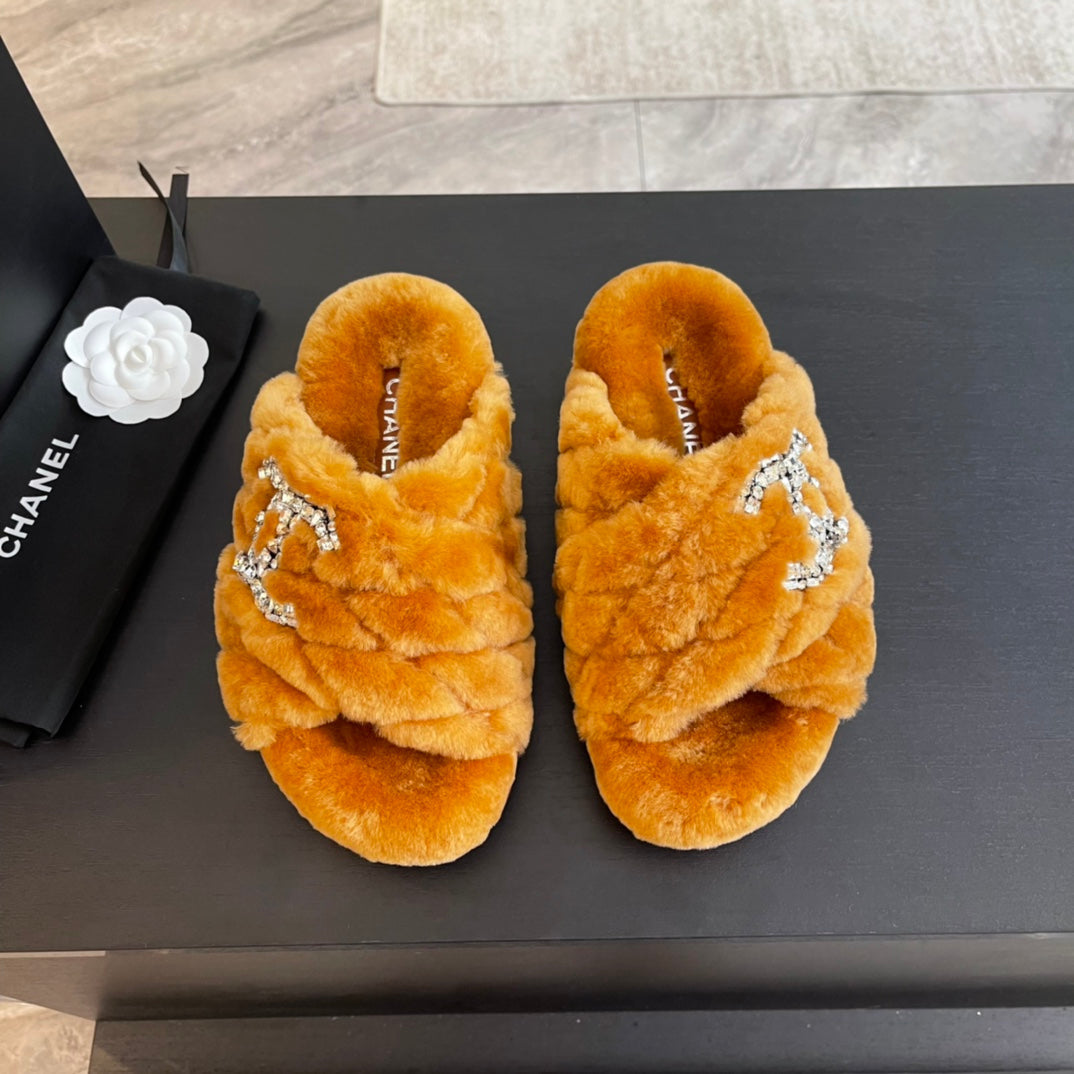 SAFETY ORANGE FUR CROSS STRAP SLIPPERS