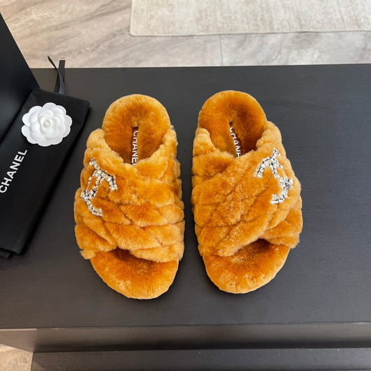 SAFETY ORANGE FUR CROSS STRAP SLIPPERS