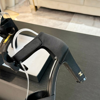 HIGH SANDAL OPEN TOE IN BLACK SATIN