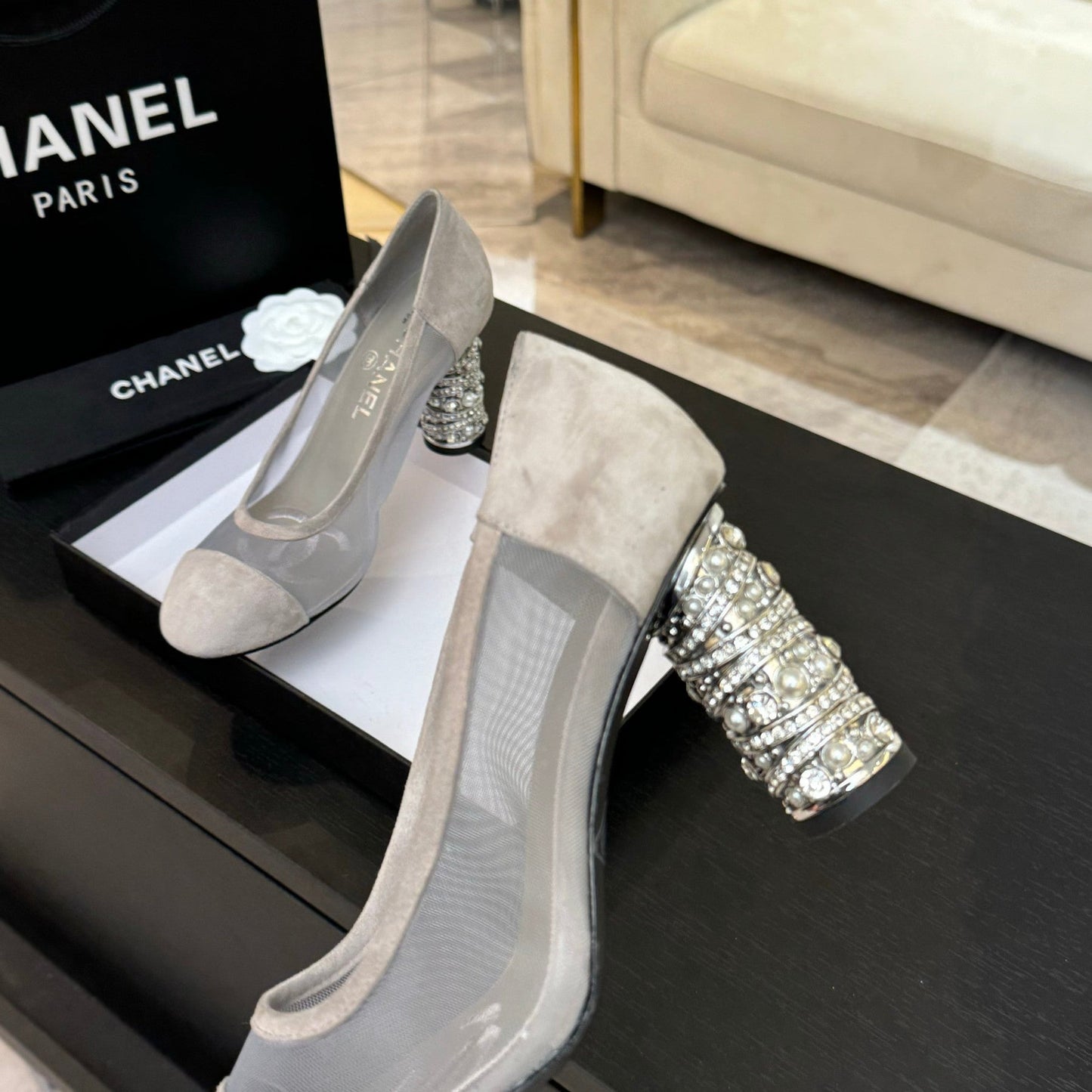 HIGH HEEL 85 MM SANDALS IN PALE GRAY SUEDE AND MESH