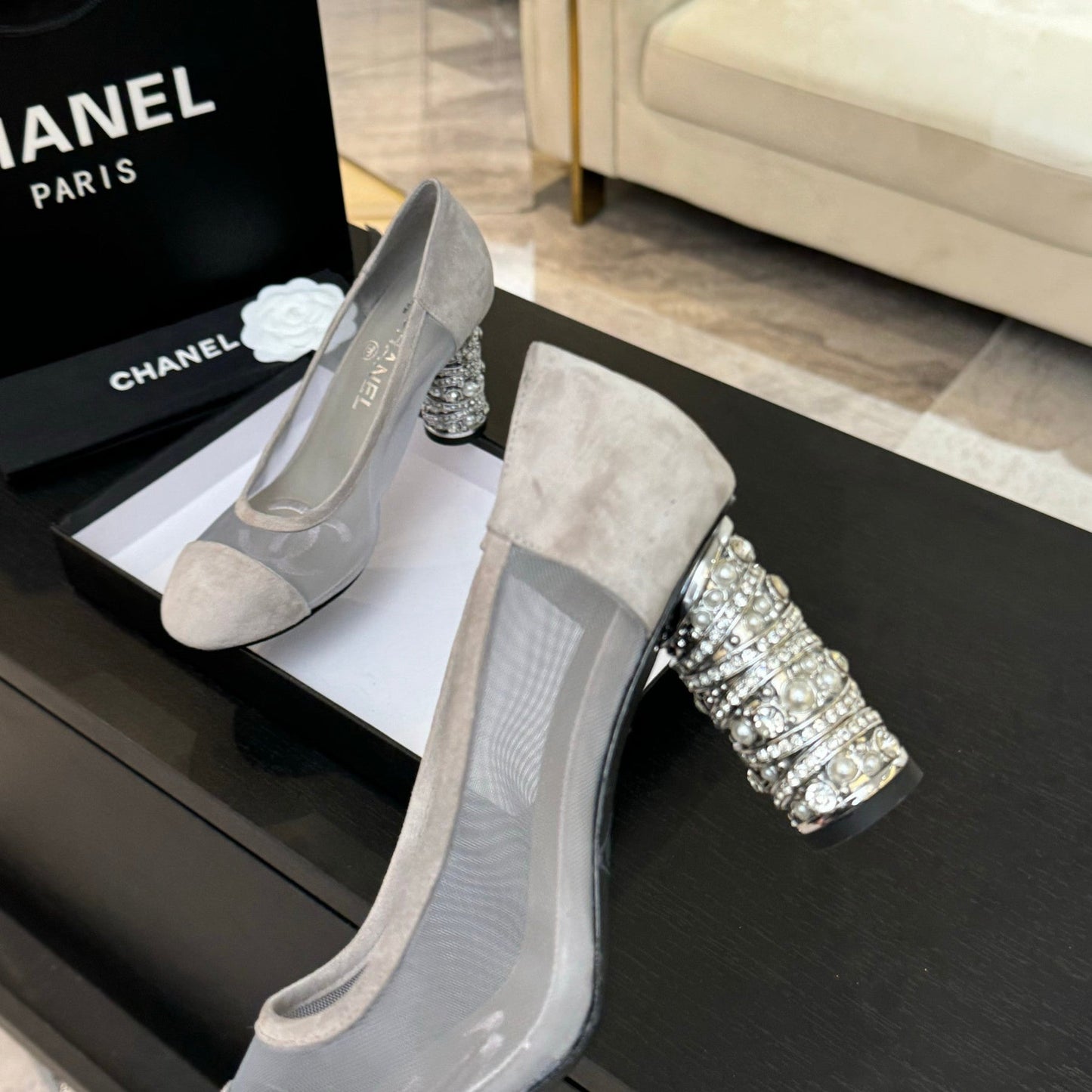 HIGH HEEL 85 MM SANDALS IN PALE GRAY SUEDE AND MESH