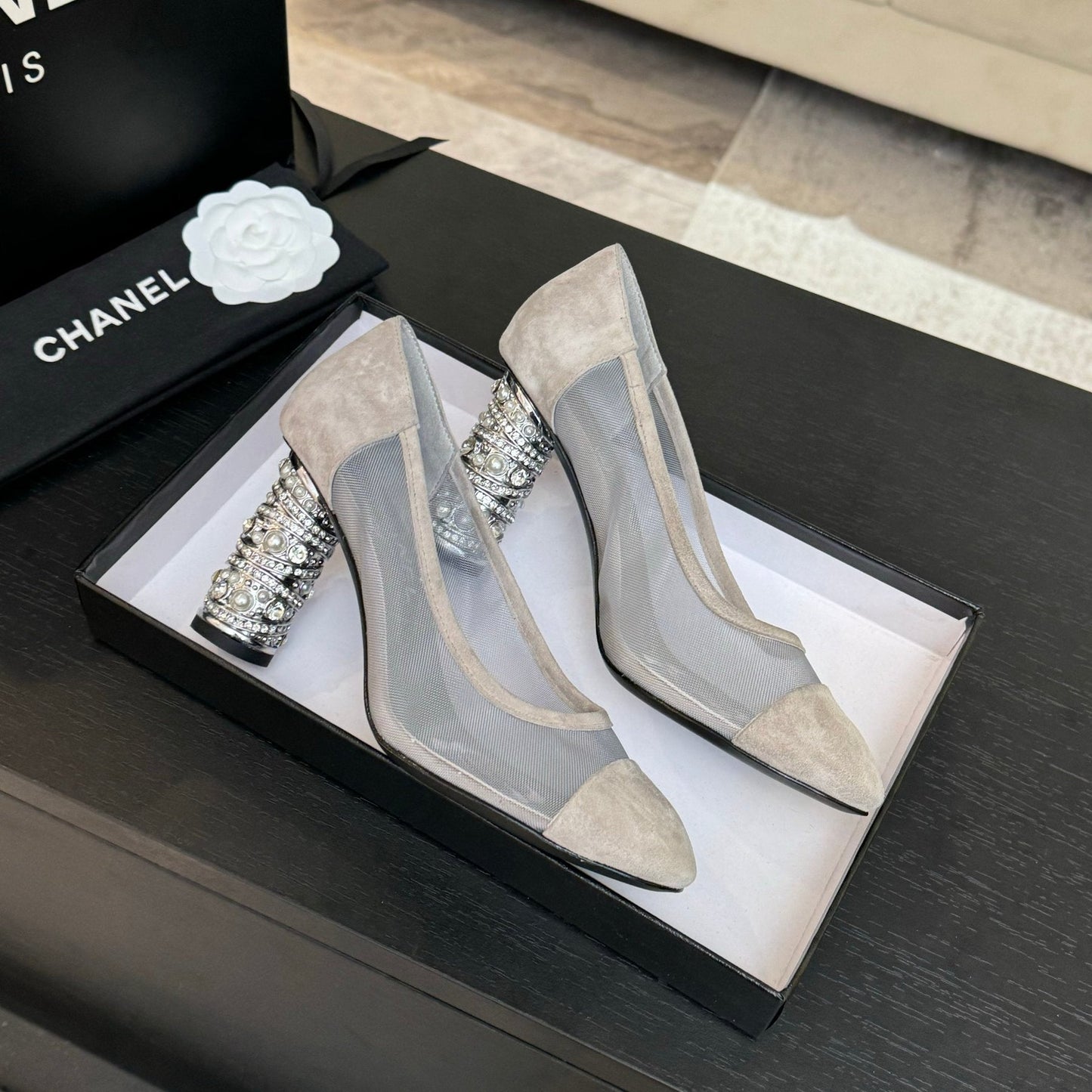 HIGH HEEL 85 MM SANDALS IN PALE GRAY SUEDE AND MESH