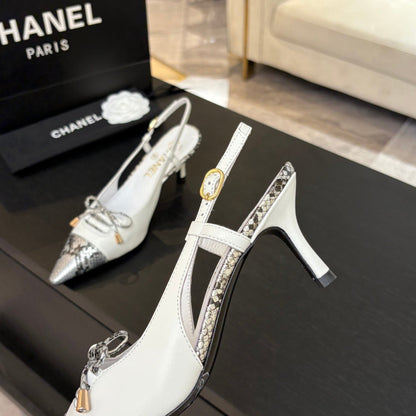 HIGH HEEL SLINGBACKS 65 MM IN WHITE WITH SNAKESKIN PATTERN LAMBSKIN