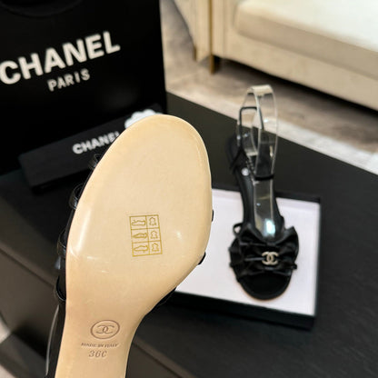 HIGH HEEL SANDAL WITH BOW IN BLACK LAMBSKIN