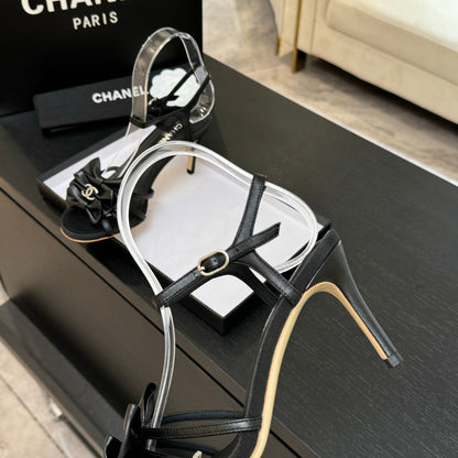 HIGH HEEL SANDAL WITH BOW IN BLACK LAMBSKIN