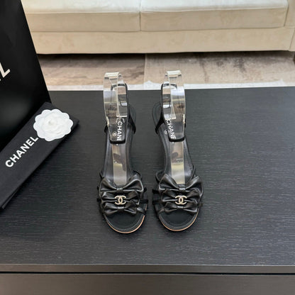 HIGH HEEL SANDAL WITH BOW IN BLACK LAMBSKIN