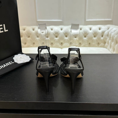 HIGH HEEL SANDAL WITH BOW IN BLACK LAMBSKIN