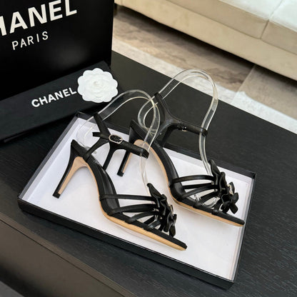 HIGH HEEL SANDAL WITH BOW IN BLACK LAMBSKIN