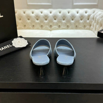 PEEP TOE MULE 55MM IN SKY BLUE DENIM CHECKERED AND LOGO