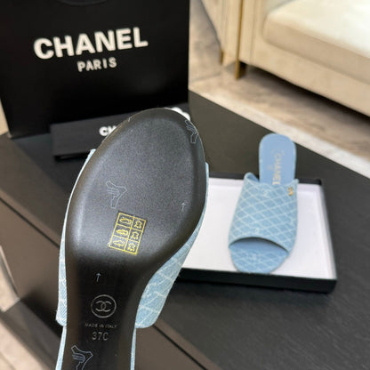 PEEP TOE MULE 55MM IN SKY BLUE DENIM CHECKERED AND LOGO