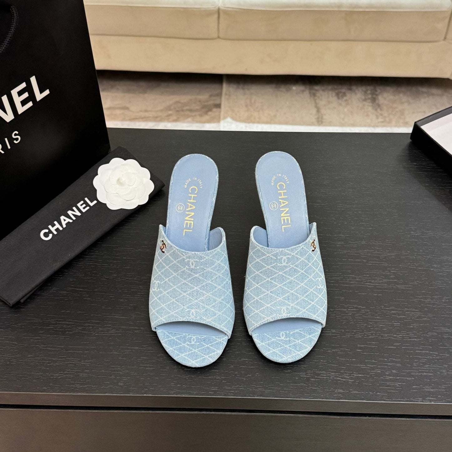 PEEP TOE MULE 85MM IN SKY BLUE DENIM CHECKERED AND LOGO