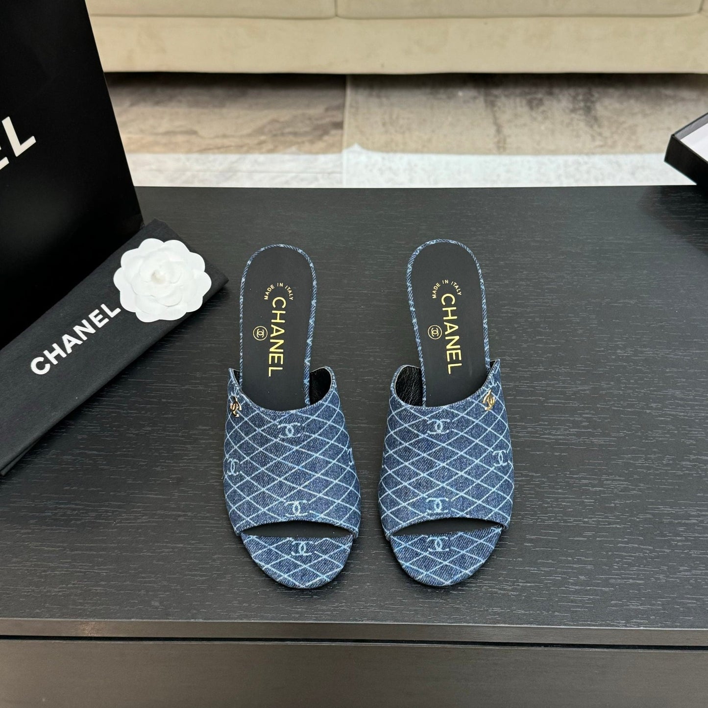 PEEP TOE MULE 85MM IN BLUE DENIM CHECKERED AND LOGO