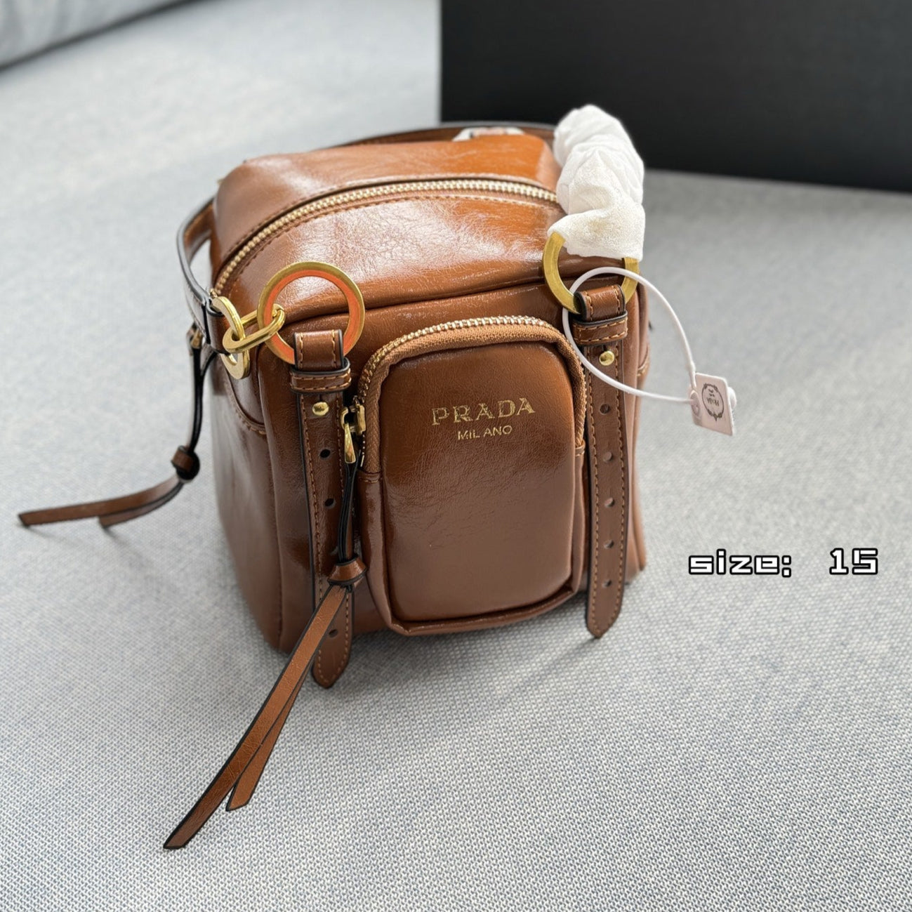 DANGLE TOP HANDLE MINI BAG 15 IN BROWN PATENT CALFSKIN