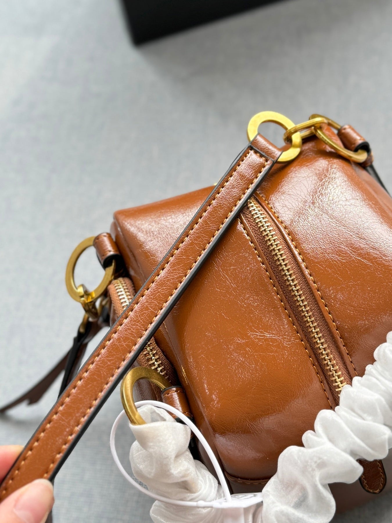 DANGLE TOP HANDLE MINI BAG 15 IN BROWN PATENT CALFSKIN