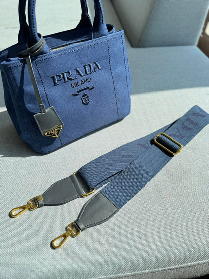 CANAPA TOTE BAG 26 IN WEDGEWOOD BLUE LINEN BLEND EMBROIDED LOGO