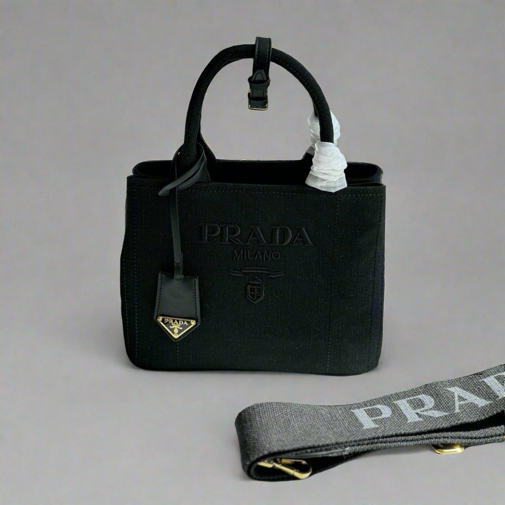 CANAPA TOTE BAG 26 IN BLACK LINEN BLEND EMBROIDED LOGO