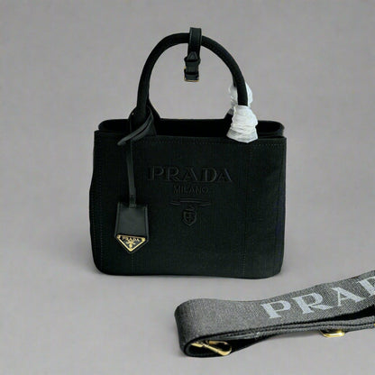 CANAPA TOTE BAG 26 IN BLACK LINEN BLEND EMBROIDED LOGO