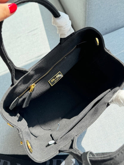 CANAPA TOTE BAG 26 IN BLACK LINEN BLEND EMBROIDED LOGO