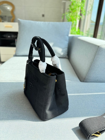 CANAPA TOTE BAG 26 IN BLACK LINEN BLEND EMBROIDED LOGO