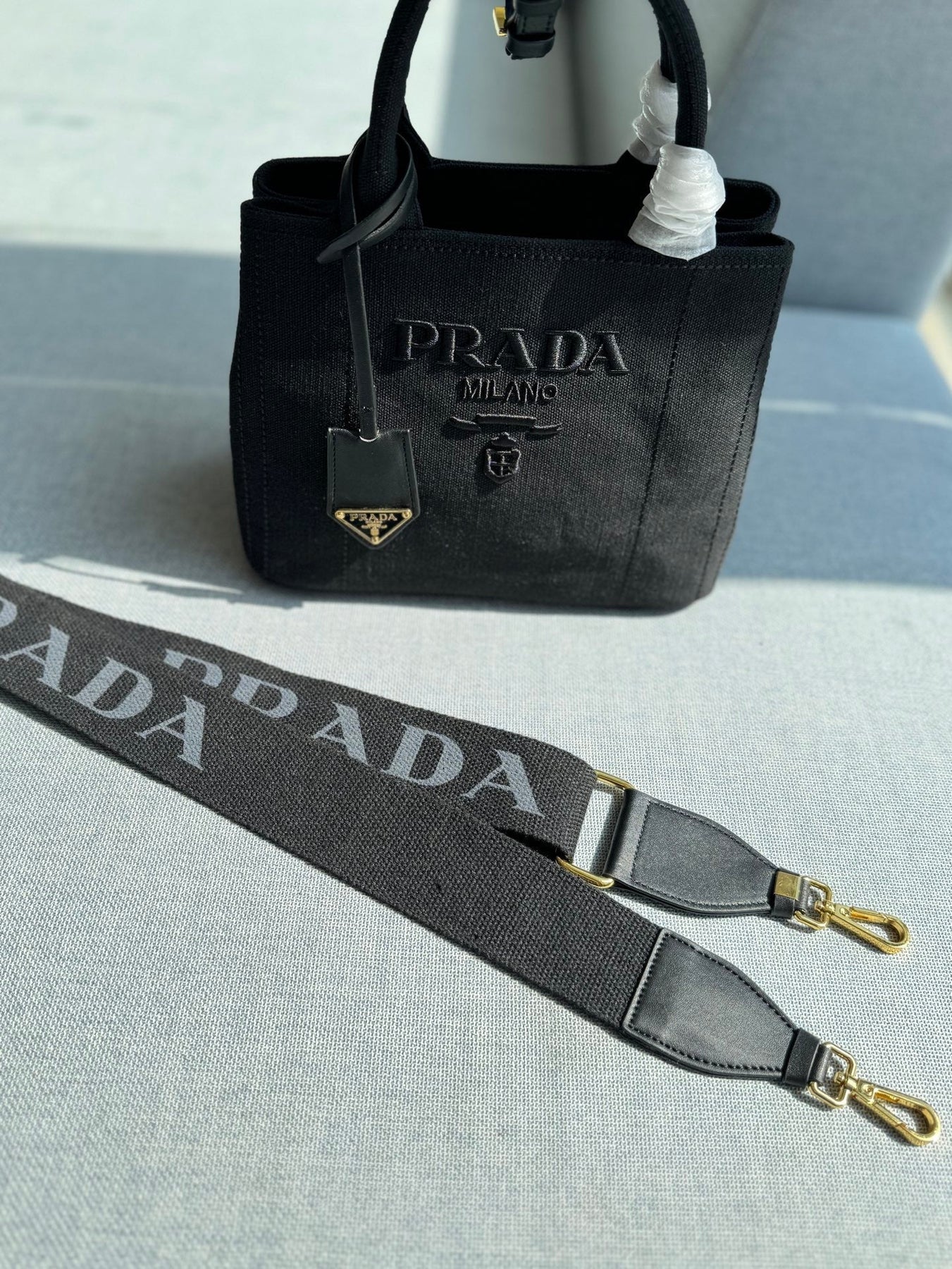 CANAPA TOTE BAG 26 IN BLACK LINEN BLEND EMBROIDED LOGO