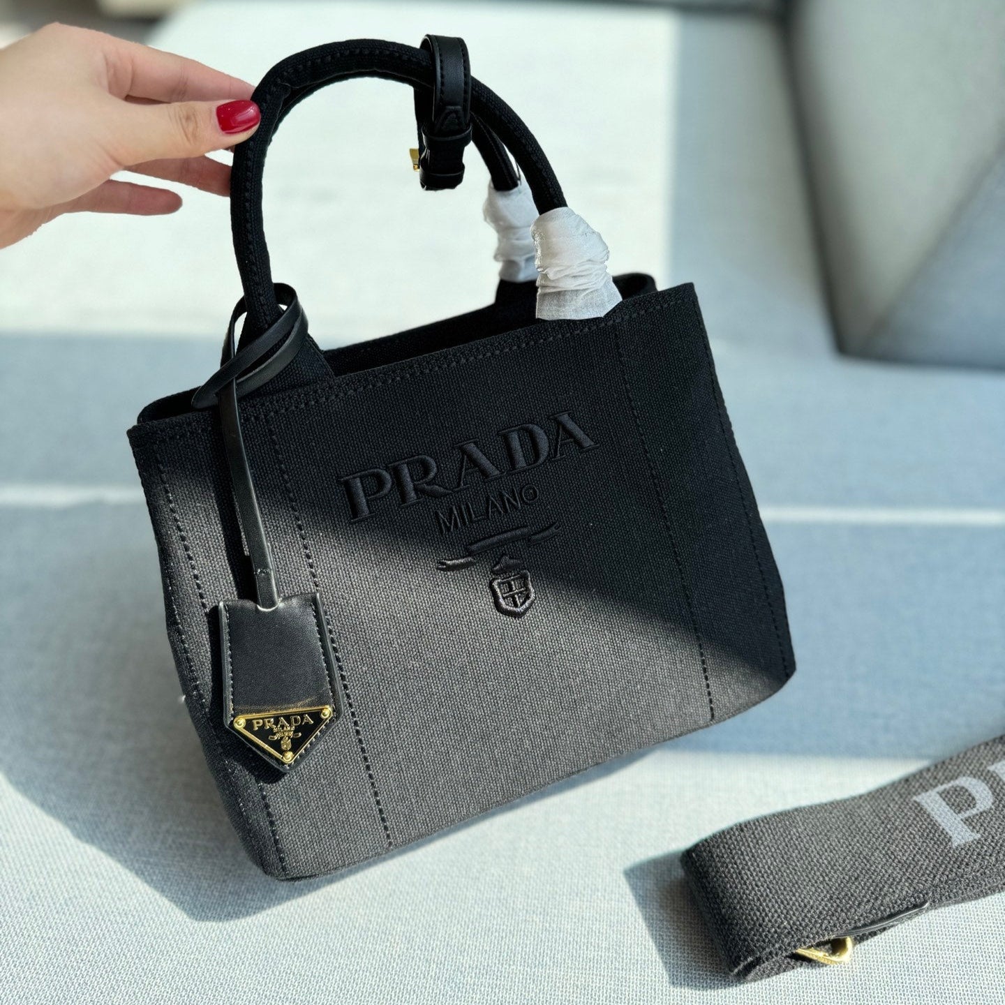 CANAPA TOTE BAG 26 IN BLACK LINEN BLEND EMBROIDED LOGO