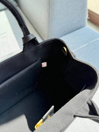 CANAPA TOTE BAG 26 IN BLACK LINEN BLEND EMBROIDED LOGO