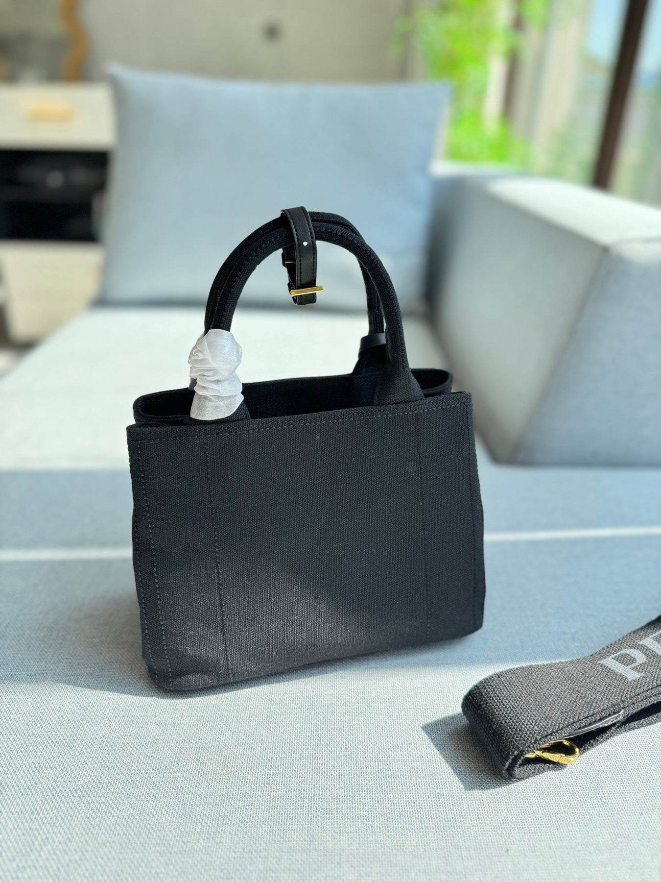 CANAPA TOTE BAG 26 IN BLACK LINEN BLEND EMBROIDED LOGO