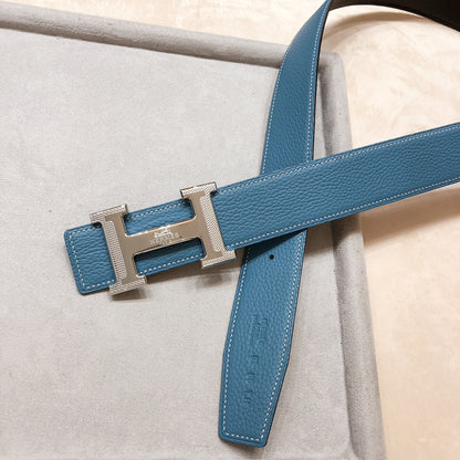 HM H D'ANCRE BELT BUCKLE & REVERSIBLE BLUE GREEN LEATHER STRAP 38 MM SILVER HARDWARE
