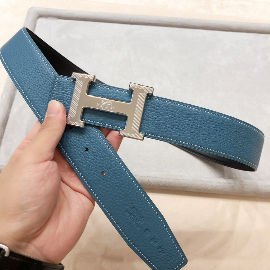 HM H D'ANCRE BELT BUCKLE & REVERSIBLE BLUE GREEN LEATHER STRAP 38 MM SILVER HARDWARE